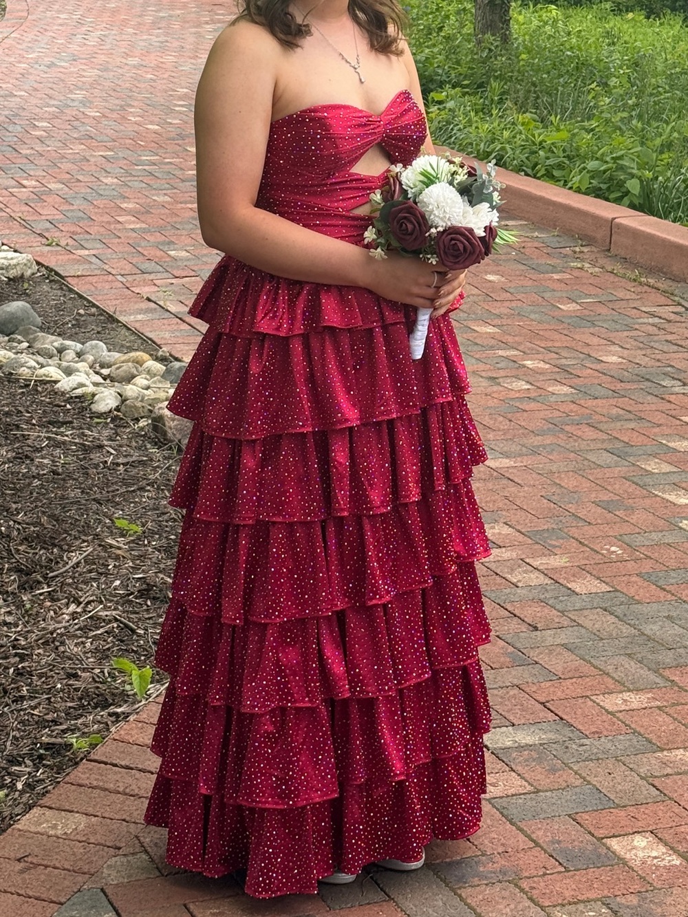 Strapless Burgundy/Red Ruffled Prom Dress - Picture 2 of 6